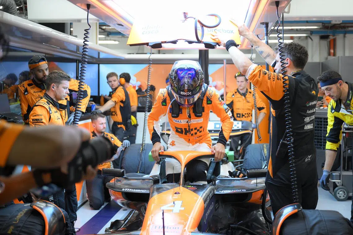 Lando Norris of McLaren F1 Team seen in the team garage ahead of the Singapore Airlines Singapore Grand Prix on Sept 22, 2024.