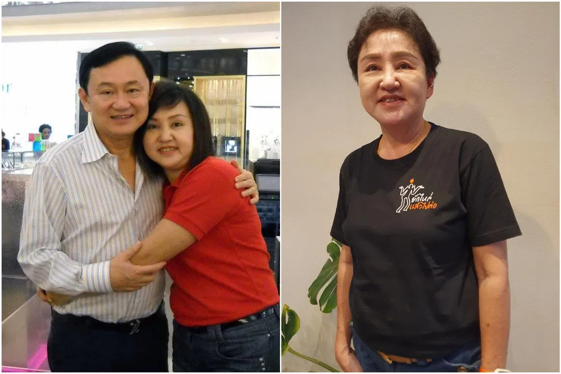 Ms Podjanin Towatrakool with Mr Thaksin Shinawatra in 2009 (left). She now stands fully behind "orange", shorthand for the new progressive People’s Party.