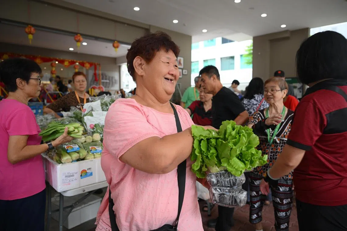 ST20250125_202570400385/yqjalanbesar25/Shintaro Tay/
A resident picking up vegetables from the Love Connect Fresh Market at Jalan Besar Community Club on Jan 25, 2025.
Love Connect Fresh Market was initiated in 2022 by Jalan Besar Community Club Management Committee, in collaboration with community partners such as Jamiyah Singapore, Redmart by Lazada, and other Community affiliates or ad hoc donors. The market is open every Saturday and has benefitted over 200 families living in rental flats in the Kampong Glam Division. Residents, which mostly comprise seniors and families with children, can collect fresh and canned food items donated by the partners.