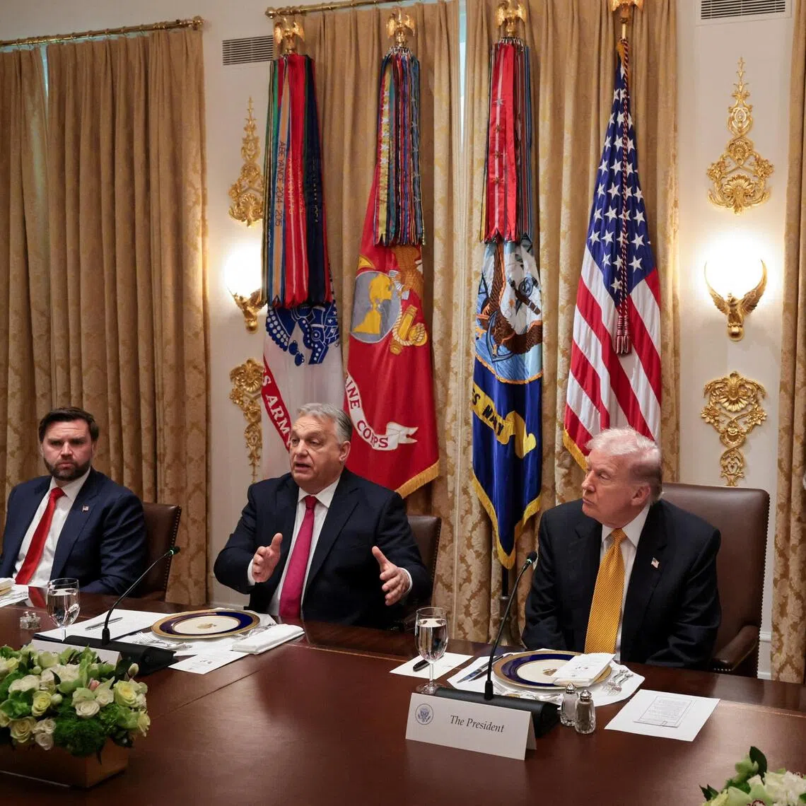 US President Donald Trump hosting a bilateral lunch with Hungarian Prime Minister Viktor Orban (speaking), flanked by US Vice-President J.D. Vance (far left), and US Secretary of State Marco Rubio, at the White House on Nov 7.