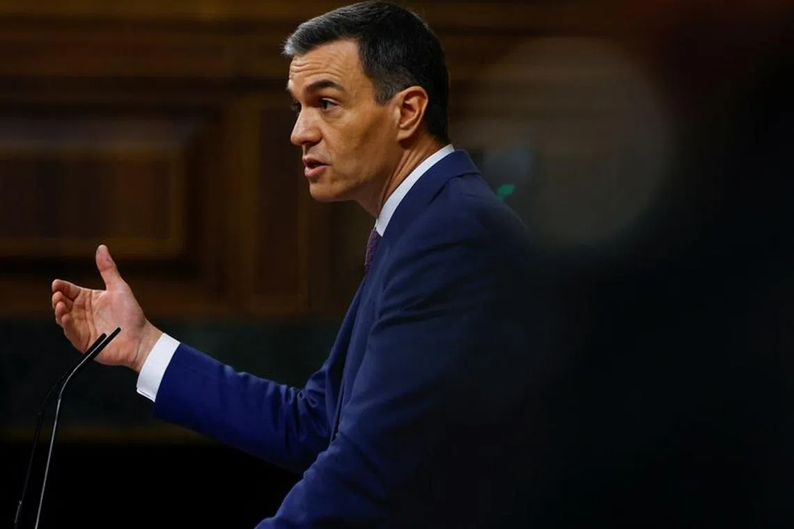 FILE PHOTO: Spain's acting Prime Minister Pedro Sanchez speaks during an investiture debate, as Spain's Socialists seek to clinch a new term following a deal with the Catalan separatist Junts party for government support, a pact which involves amnesties for people involved with Catalonia's failed 2017 independence bid, in Madrid, Spain November 16, 2023. REUTERS/Susana Vera/File Photo
