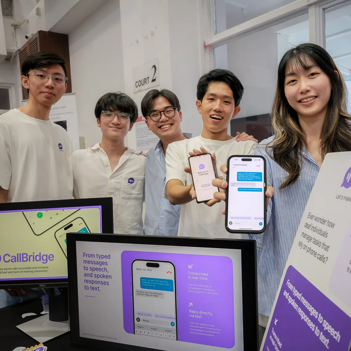 CallBridge’s team members (from left) 
Wayne Tan Junheng, 
Randall Koh Peng Siang, 
Yeo Shi Tan, 
Cody Tan De Xian 
and Jocelyn Tan Xin Yee.