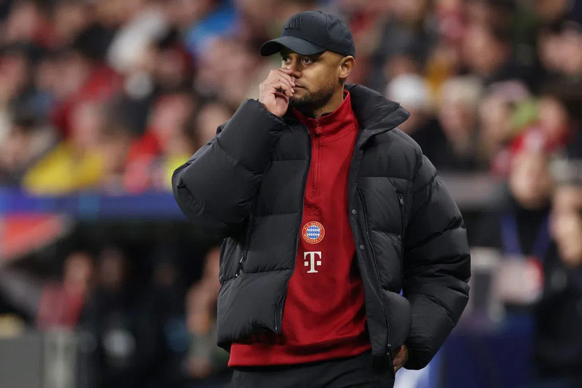FILE PHOTO: Soccer Football - Champions League - Round of 16 - Second Leg - Bayer Leverkusen v Bayern Munich - BayArena, Leverkusen, Germany - March 11, 2025 Bayern Munich coach Vincent Kompany reacts during the match REUTERS/Wolfgang Rattay/File Photo
