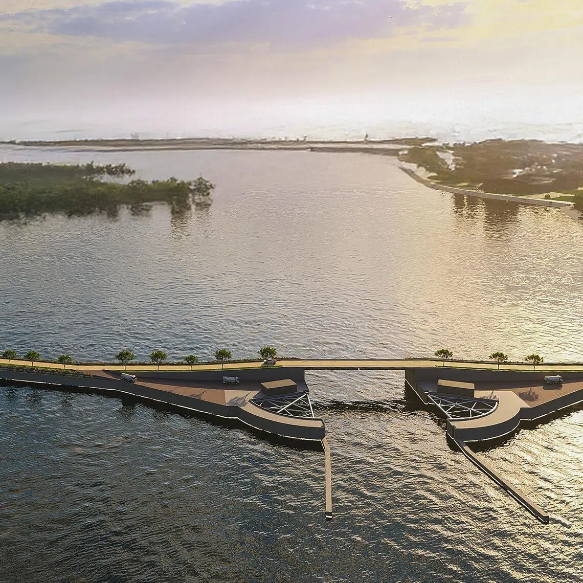 An artist’s impression of a possible coastal barrier which also provides enhanced transport connectivity between Sentosa and Pulau Brani.