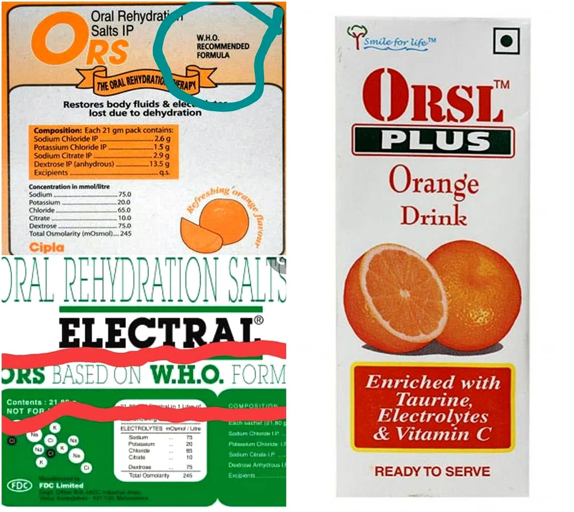 Actual oral rehydration salt products (left) and a packet of juice with the brand name ORSL (right).