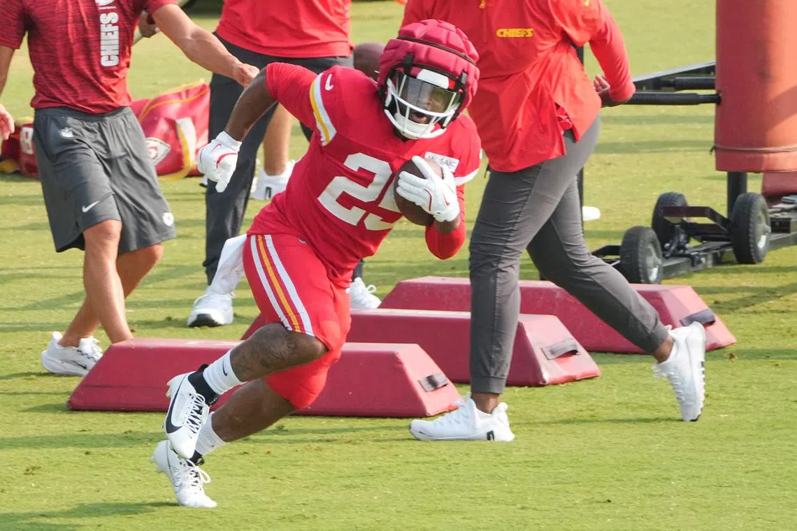 Jul 26, 2024; Kansas City, MO, USA; Kansas City Chiefs running back Clyde Edwards-Helaire (25) runs drills during training camp at Missouri Western State University. Denny Medley-USA TODAY Sports/File Photo