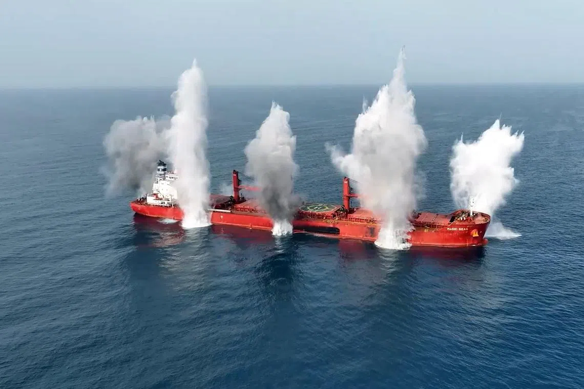 A video screen grab shows the Magic Seas bulk carrier being attacked in the Red Sea on July 6, before sinking.