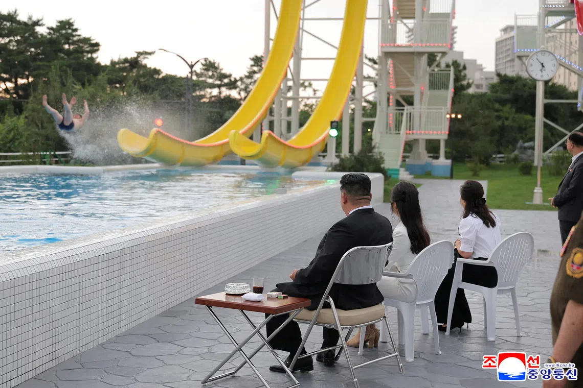 North Korean leader Kim Jong Un and his daughter Kim Ju Ae (centre) at a ceremony to celebrate the completion of the Wonsan Kalma Coastal Tourist Zone.