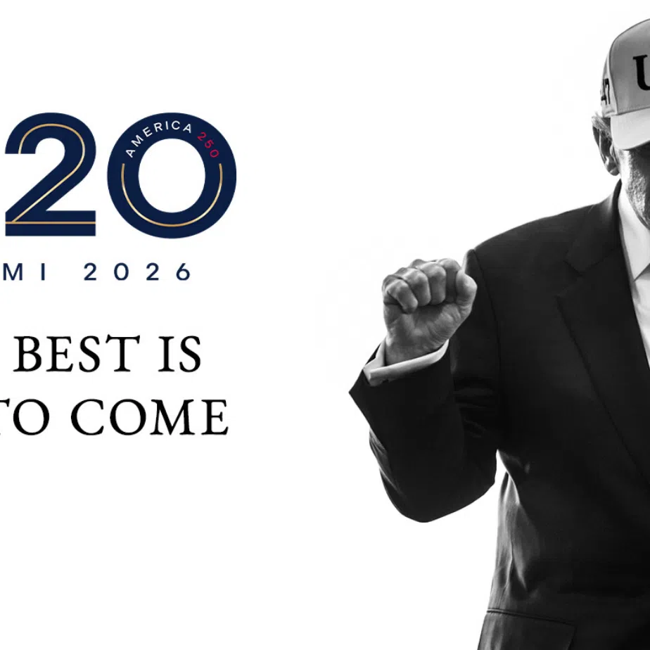 A picture of US President Donald Trump on the G-20 website next to a banner that says "The Best Is Yet to Come”.