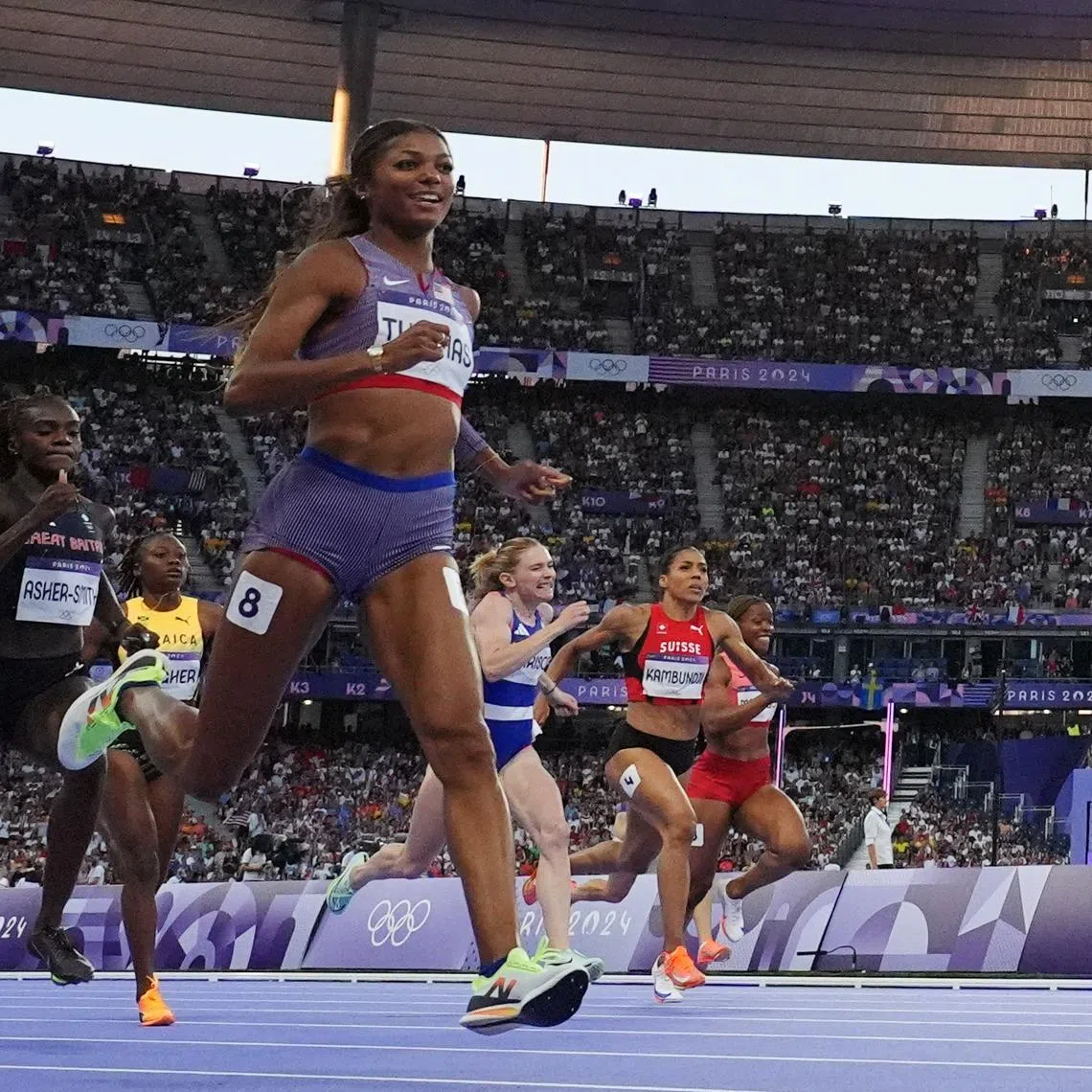 Paris 2024 Olympics - Athletics - Women's 200m Semi-Final 2 - Stade de France, Saint-Denis, France - August 05, 2024.  Gabrielle Thomas of United States in action. REUTERS/Pawel Kopczynski