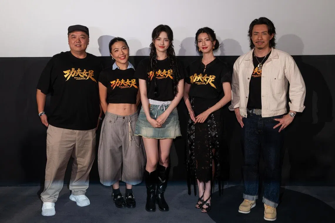 (From left) Kung Fu Soccer co-director and co-writer Lam Tze Chung with the cast Angel Woo, Xue Ye, Sisley Choi and Louis Cheung at the Hong Kong gala premiere on Aug 8.