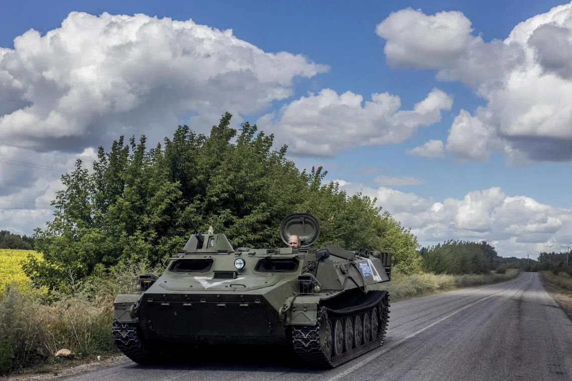 A Ukrainian armoured vehicle driving near the Russian border in Ukraine’s Sumy region, bordering Kursk, in August 2024. 