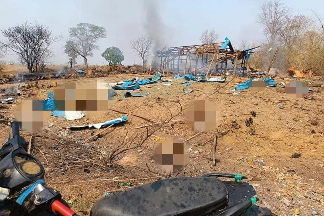 At least 100 people were killed in central Myanmar on Tuesday in an air strike by the military.