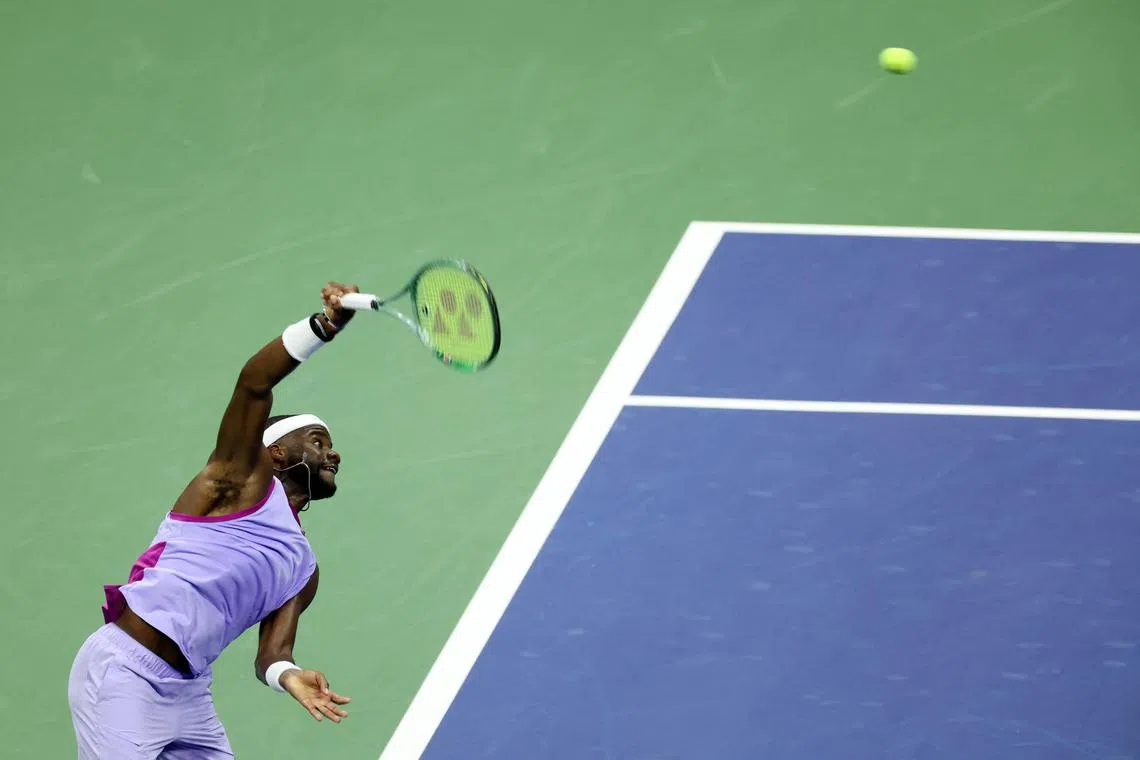 Tennis - U.S. Open - Flushing Meadows, New York, United States - September 6, 2024 Frances Tiafoe of the U.S.  in action during his semi final match against Taylor Fritz of the U.S. REUTERS/Mike Segar