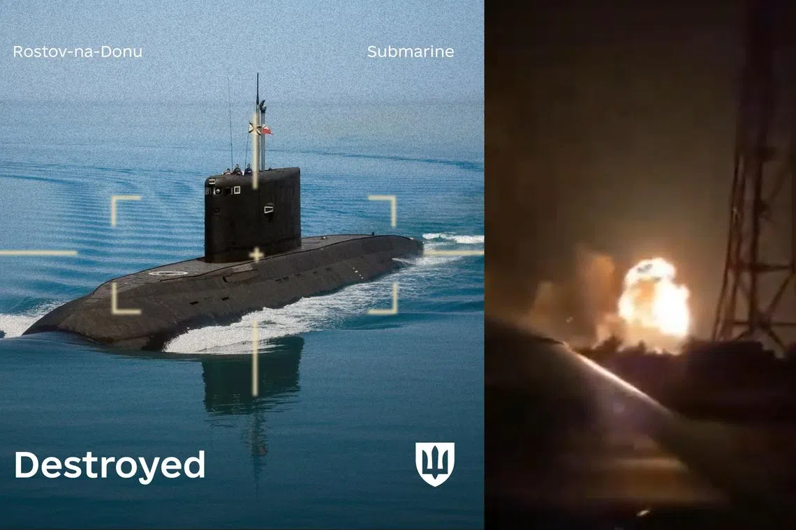 Ukraine's military said its forces successfully hit and sank the Russian “Rostov on Don” submarine (left) in Crimea, as well as an ammunition depot at Morozovsk airfield in Russia, and other targets.