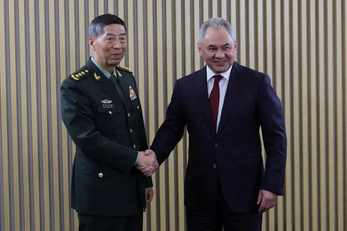 Russia's Defence Minister Sergei Shoigu with Chinese Defence Minister Li Shangfu during a meeting in the Moscow region, Russia, on Aug 15, 2023
