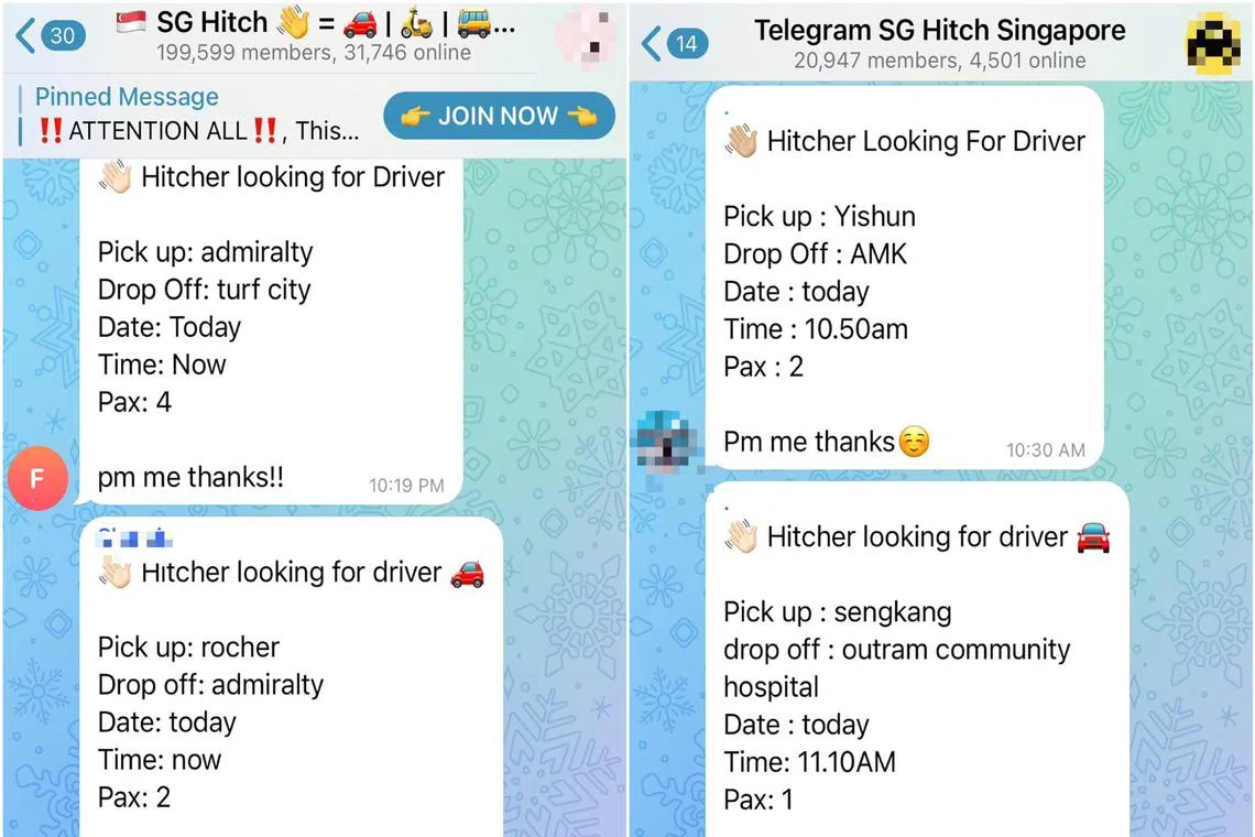 The largest carpooling chat group here, SG Hitch, has over 199,000 members as at Saturday, up from about 56,000 members in April 2020.