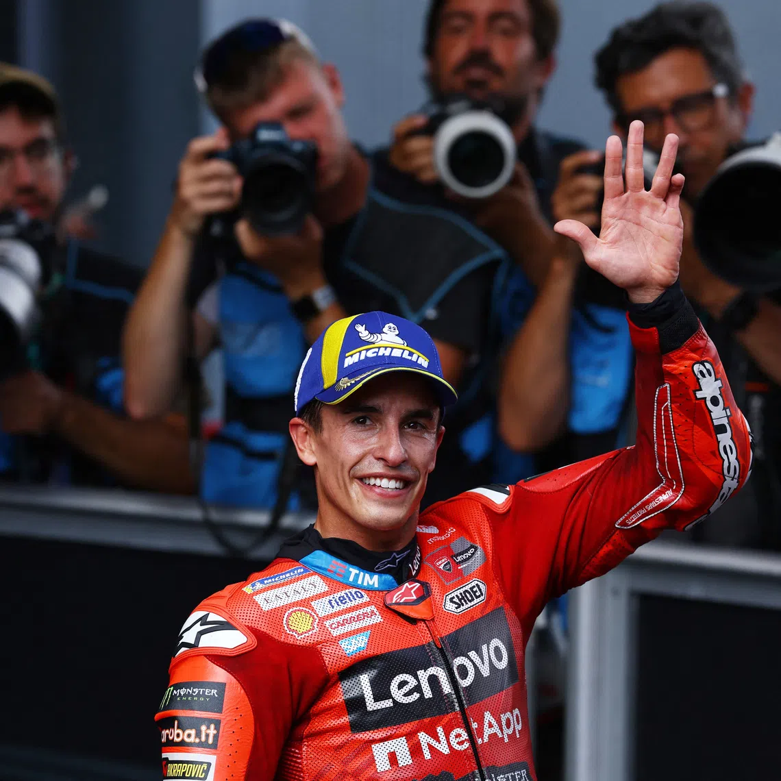 FILE PHOTO: MotoGP - Catalunya Grand Prix - Circuit de Barcelona, Barcelona, Spain - September 7, 2025 Ducati Lenovo Team's Marc Marquez celebrates after finishing second in the MotoGP race REUTERS/Albert Gea/File Photo