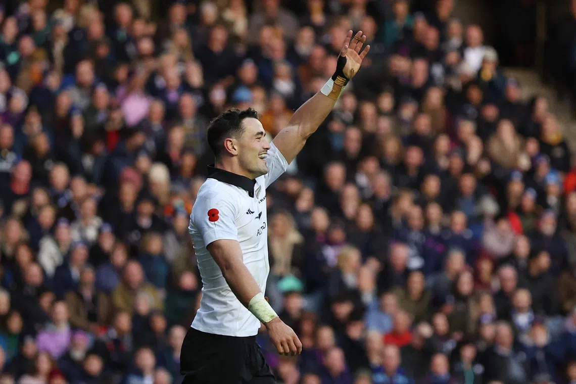 Rugby Union - Autumn Internationals - Scotland v New Zealand - Murrayfield Stadium, Edinburgh, Scotland, Britain - November 8, 2025 New Zealand's Will Jordan celebrates scoring a try REUTERS/Russell Cheyne