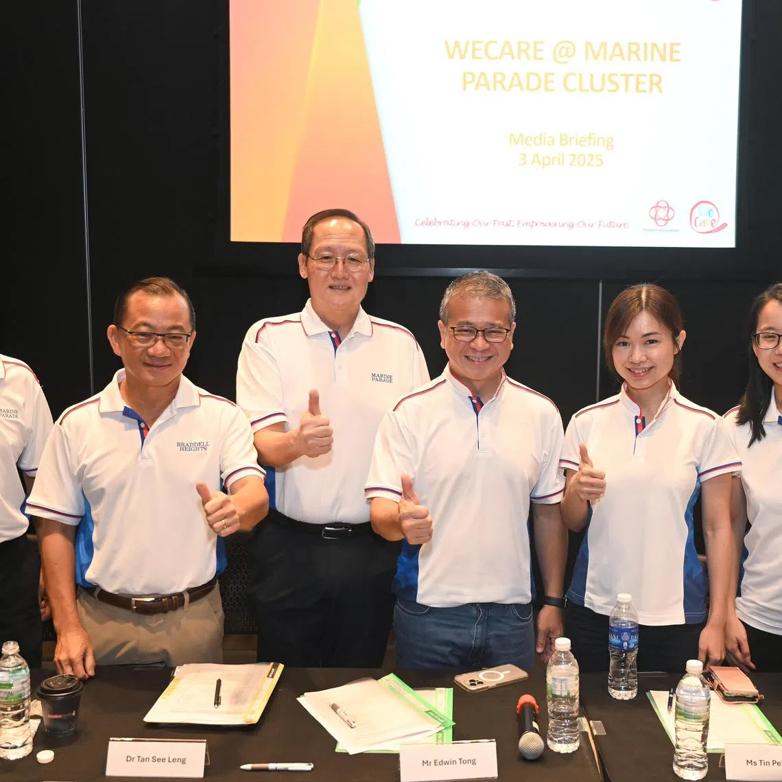 Assoc Prof Muhammad Faishal Ibrahim, Mr Seah Kian Peng, Manpower Minister Dr Tan See Leng, Minister for Culture, Community and Youth Edwin Tong, MP for MacPherson SMC Tin Pei Ling and Ms Choo Pei Ling at a press conference introducing initiatives aimed at making a significant impact to the community at Wisma Geylang Serai on April 3, 2025. ST PHOTO: SHINTARO TAY