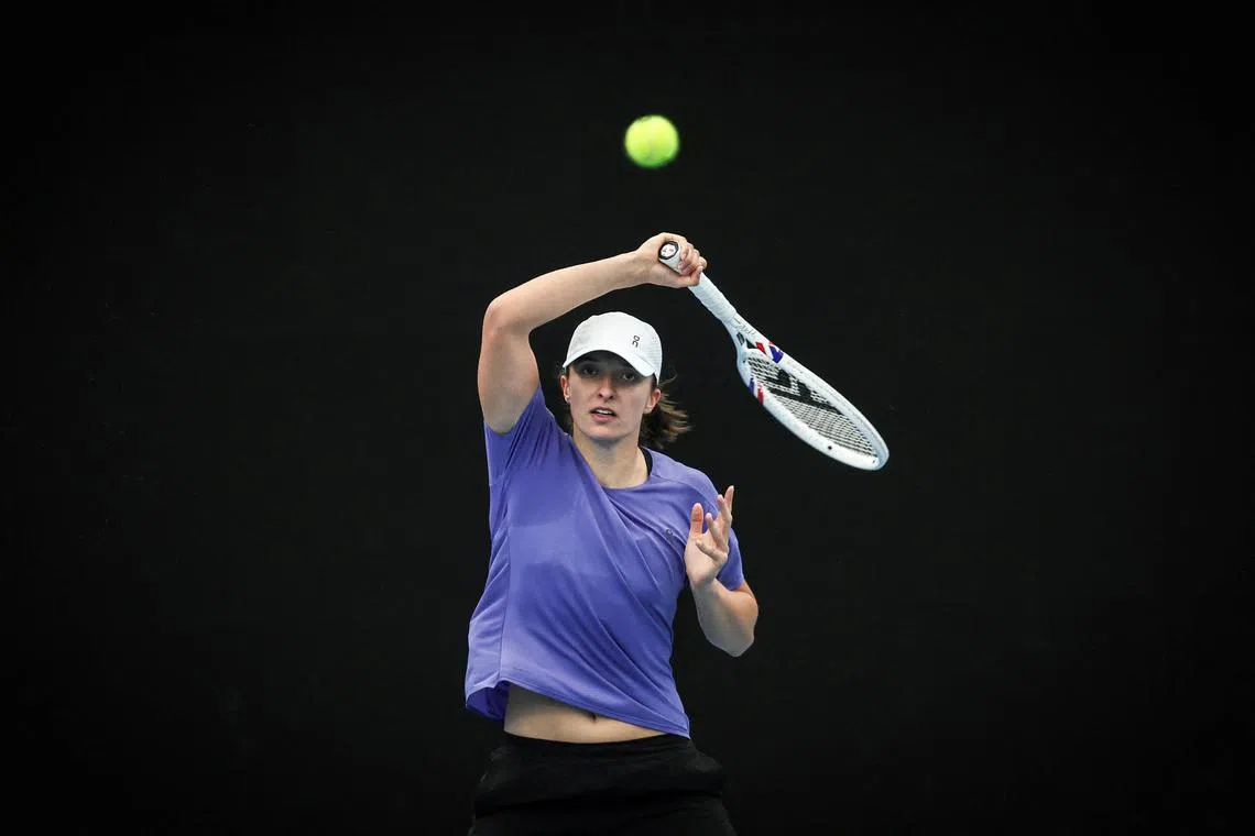 Poland's Iga Swiatek hits a shot during a practice session on Ken Rosewall Arena in Sydney.