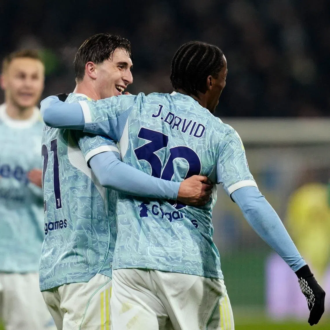 Soccer Football - Serie A - U.S. Sassuolo v Juventus - Mapei Stadium - Citta del Tricolore, Reggio Emilia, Italy - January 6, 2026 Juventus' Fabio Miretti celebrates scoring their second goal with Jonathan David REUTERS/Matteo Ciambelli