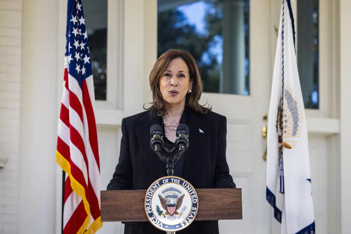 Democratic presidential nominee Kamala Harris delivering a statement outside her vice-presidential residence in Washington on Oct 23.