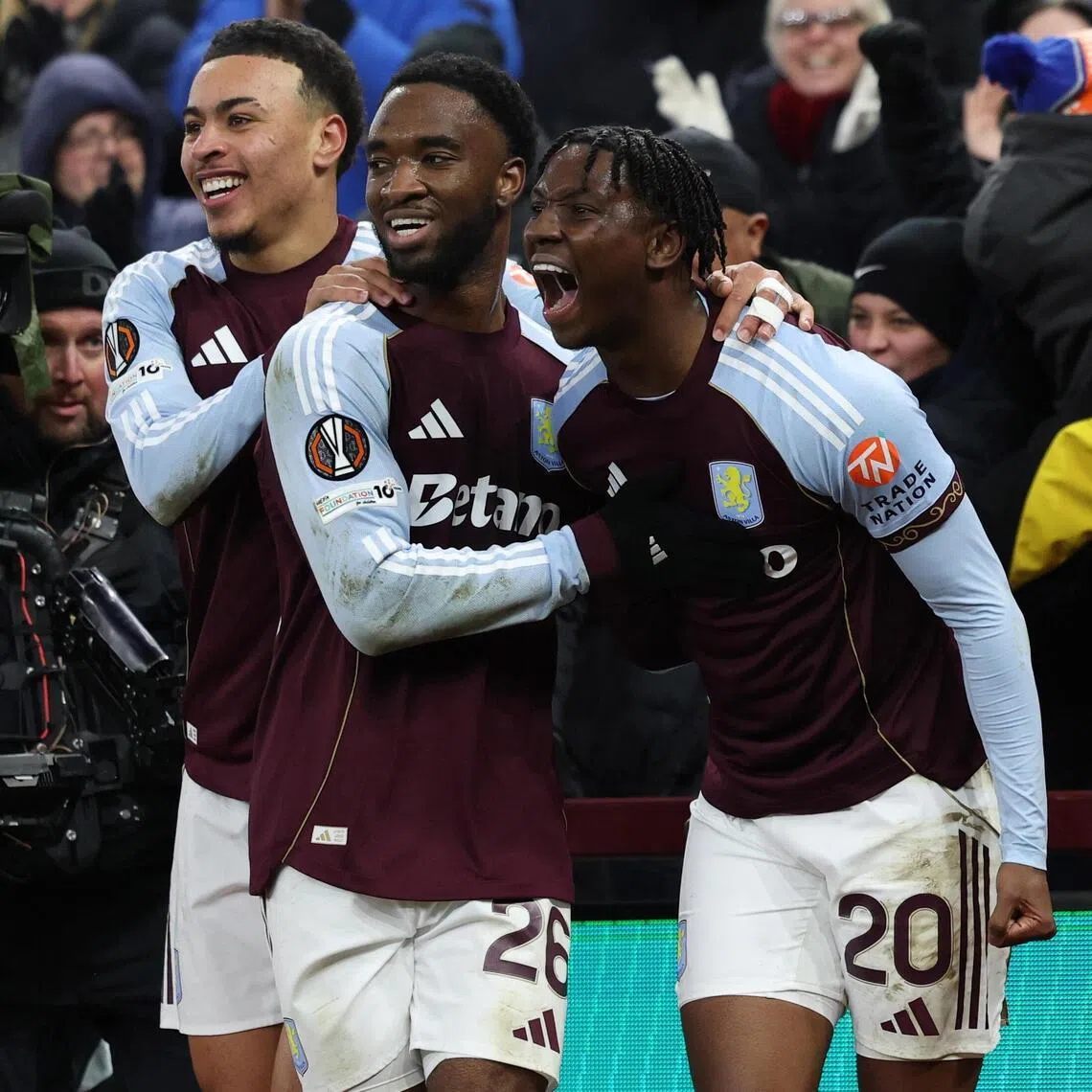 Aston Villa's Jamaldeen Jimoh-Aloba (right) celebrates with teammates after scoring the winning goal against Salzburg on Jan 29.