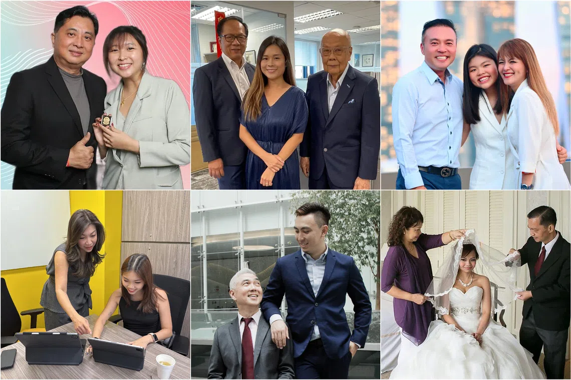 (Clockwise from top left) Ms Wivina Siah with her father; Mr Salim M Amin with his daughter and late father; Ms Chloe Ng with her parents; Ms Evelyn Quek with her parents; Mr Jeremy Chua and his father; Ms Shanelle Jiang and her mother.
