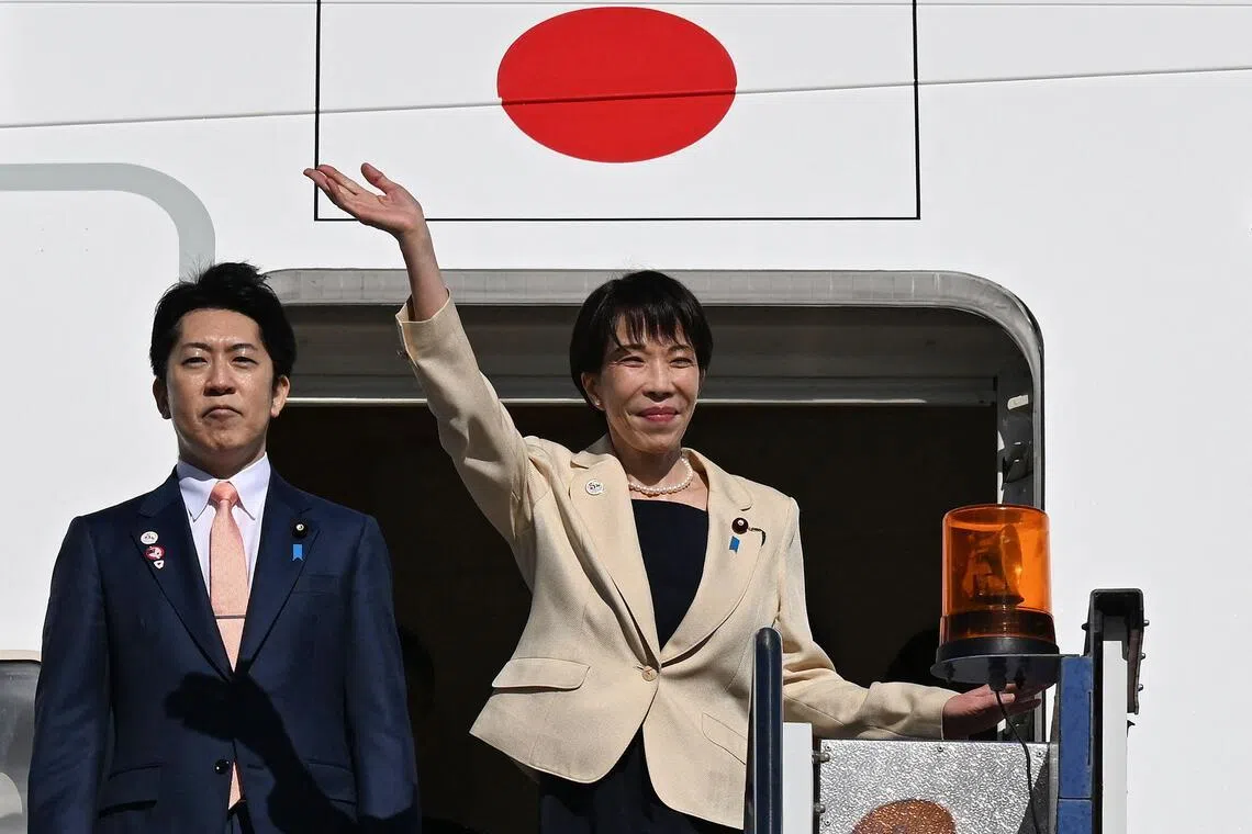 Japan's Prime Minister Sanae Takaichi waves as she departs from a RAAF base in Canberra on May 5. While Ms Takaichi rarely mentioned China by name, she seemed eager to tap into growing anxiety in Asia and Australia over Beijing’s increasingly aggressive military and economic policies. 