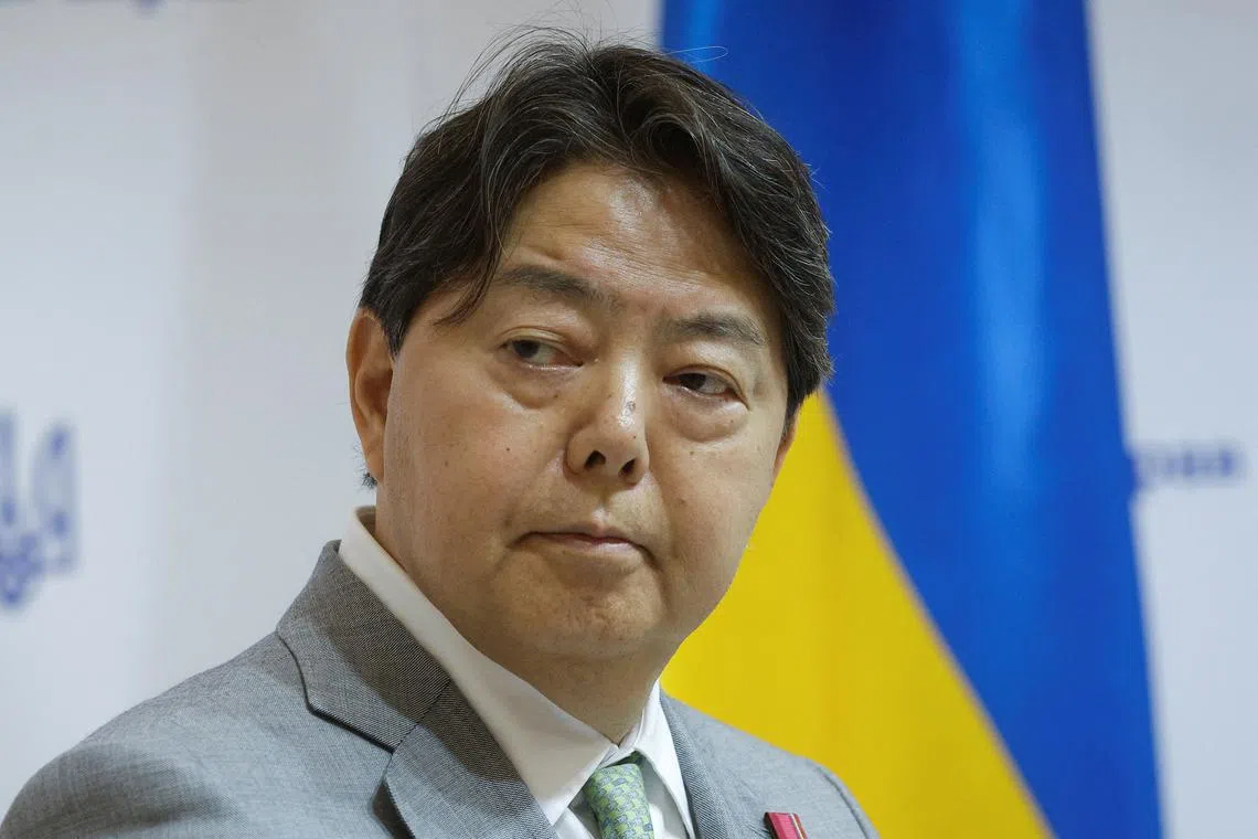 Japan's Foreign Minister Yoshimasa Hayashi attends a joint press conference with Ukraine's Foreign Minister Dmytro Kuleba in Kyiv, Ukraine, 09 September 2023, amid the Russian invasion. SERGEY DOLZHENKO/Pool via REUTERS/ File Photo
