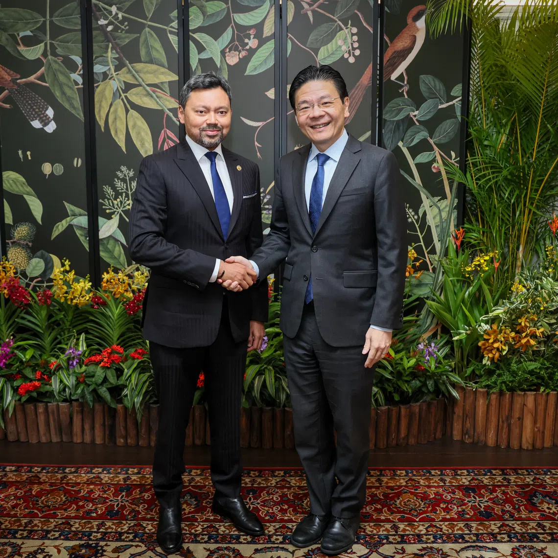Brunei Crown Prince Haji Al-Muhtadee Billah calling on Prime Minister Lawrence Wong (right) at the Istana on Sept 29.