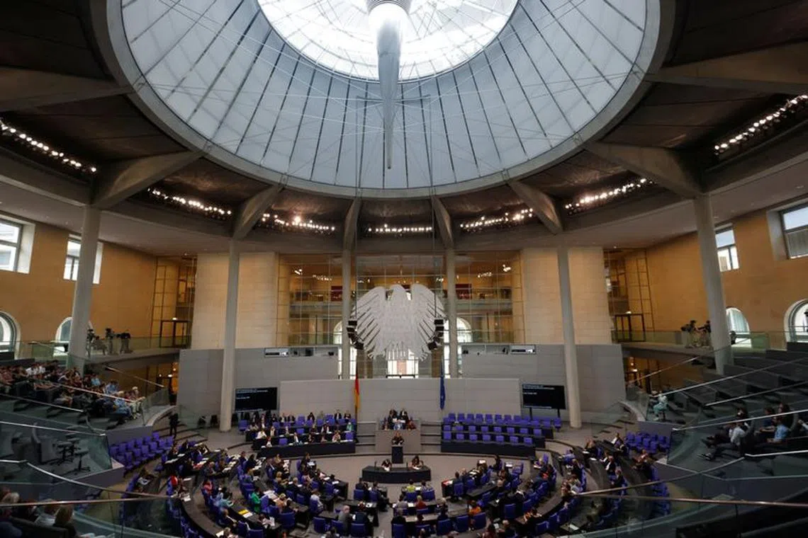 FILE PHOTO: A general view of the plenary hall of Germany's lower house of parliament, the Bundestag, in Berlin, Germany July 8, 2022.  REUTERS/Michele Tantussi/File Photo