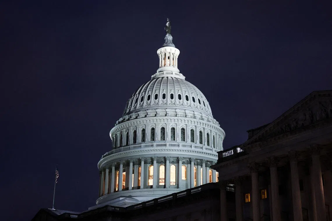 A view of the U.S. Capitol building at night in Washington, D.C., U.S., March 2, 2026. REUTERS/Kylie Cooper