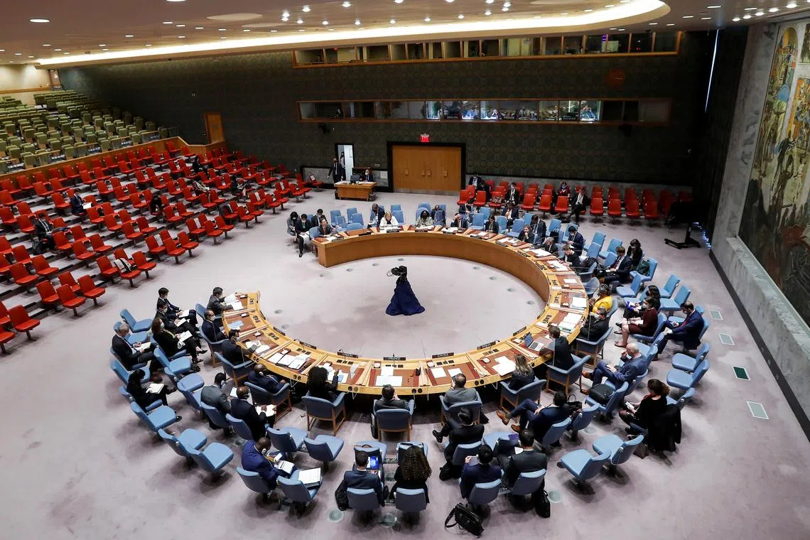 Members of the Security Council attend a meeting at the United Nations Headquarters in New York, U.S., May 11, 2022. REUTERS/Eduardo Munoz/File Photo