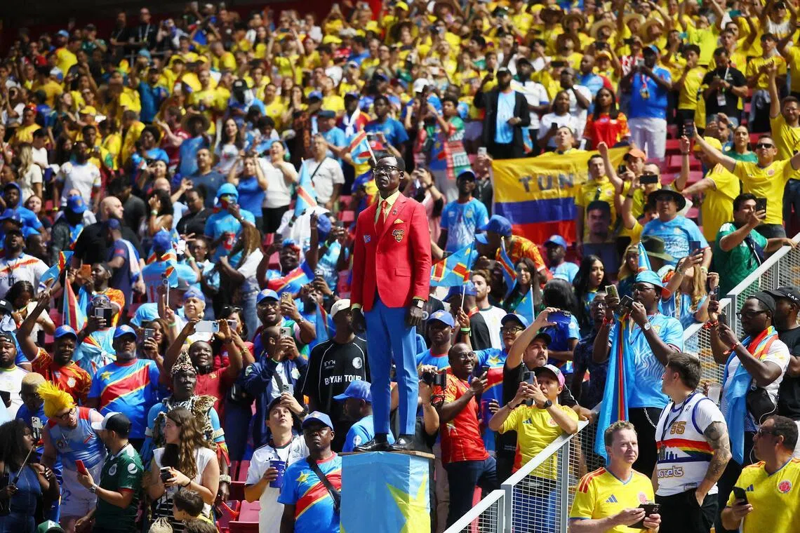 Soccer Football - FIFA World Cup 2026 - Group K - Colombia v DR Congo - Estadio Guadalajara, Guadalajara, Mexico - June 23, 2026
DR Congo fan Michel Nkuka Mboladinga, also known as Lumumba Vea in the stands before the match REUTERS/Eloisa Sanchez
