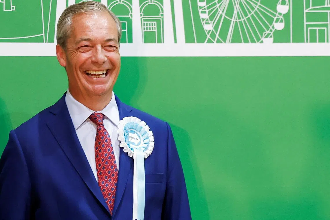 Britain's Reform UK Party Leader Nigel Farage reacts after winning his first seat in parliament during the UK election in Clacton-on-Sea, Britain, July 5, 2024. REUTERS/Clodagh Kilcoyne