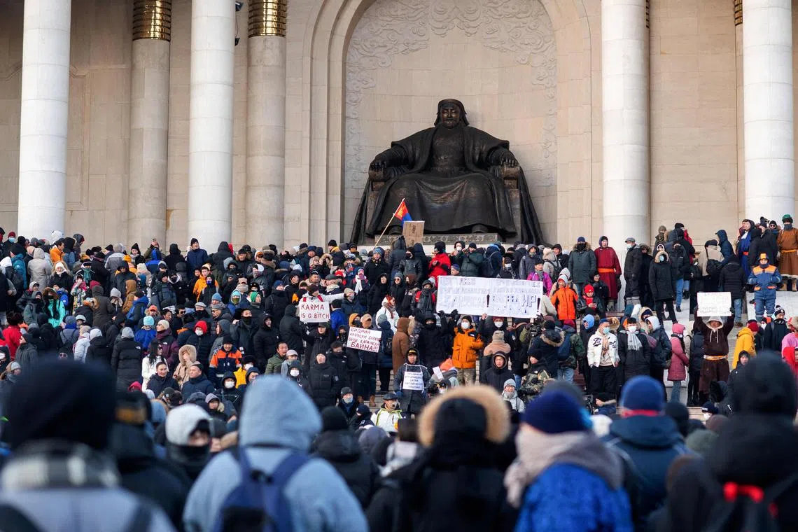 People gather to protest alleged corruption in coal industry and soaring inflation at Sukhbaatar Square in Ulaanbaatar, the capital of Mongolia on Dec 5, 2022. 