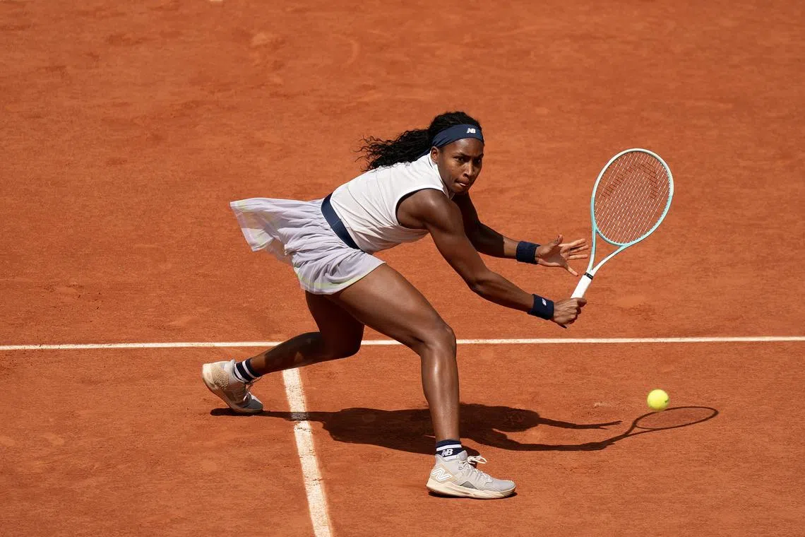 Jun 6, 2024; Paris, France; Coco Gauff of the United States returns a shot during her match against Iga Swiatek of Poland on day 12 of Roland Garros at Stade Roland Garros. Mandatory Credit: Susan Mullane-USA TODAY Sports/File Photo