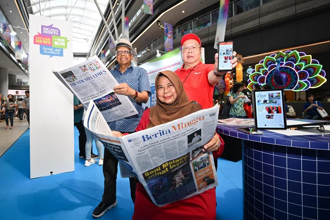 (From left) Retirees Harry Hector Pereira, Saliah Ismail and Sunny Tee at the launch of Let's Talk News Festival  at Our Tampines Hub on Oct 26.