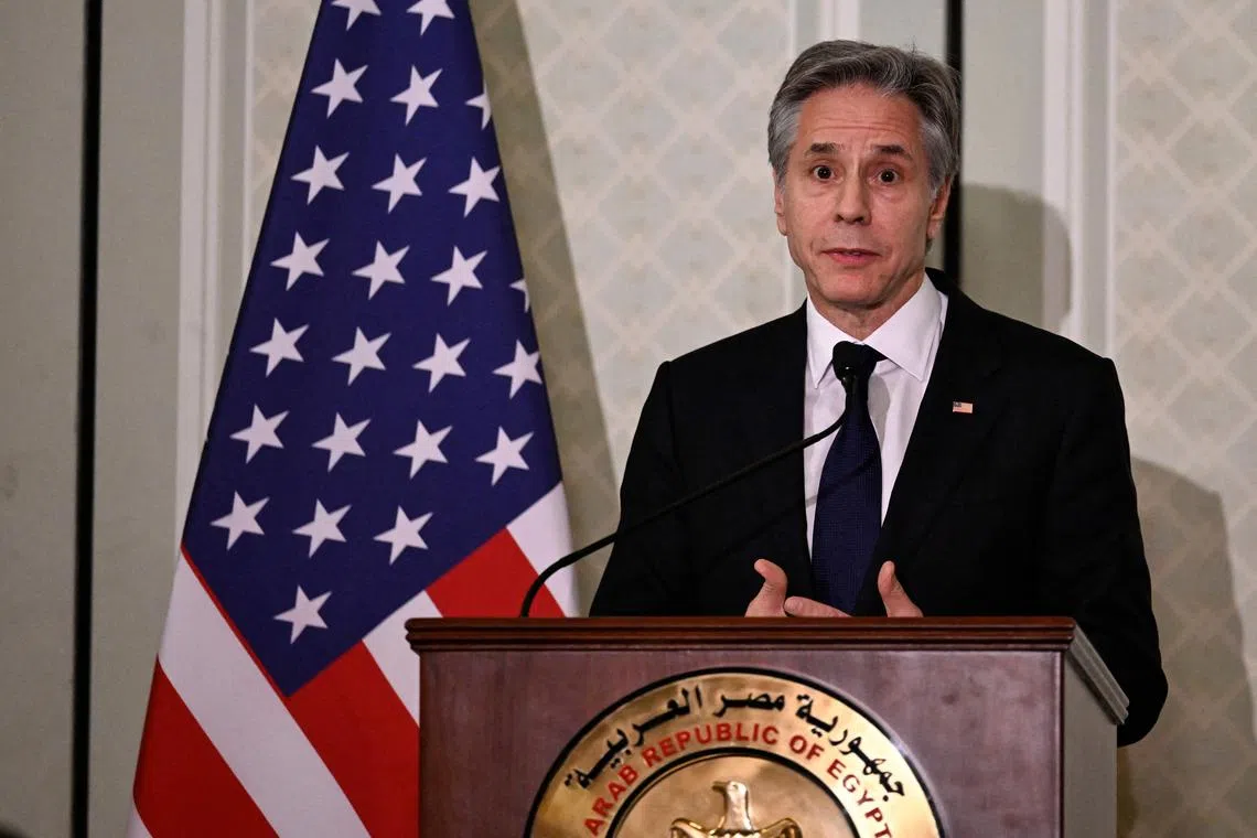 US Secretary of State Antony Blinken answers questions during a news conference in Cairo with Egypt's foreign minister.