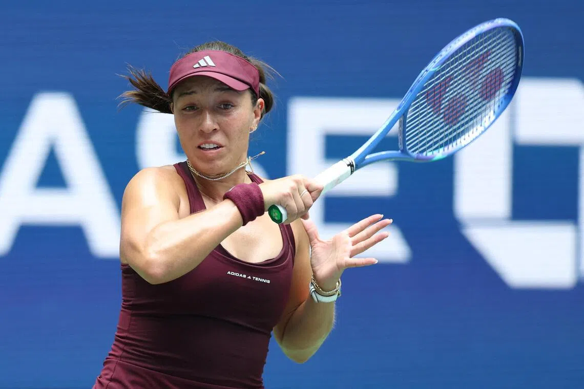 Jessica Pegula of the United States returns against Elena-Gabriela Ruse of Romania during their Women’s Singles First Round match on Day One of the 2026 US Open.