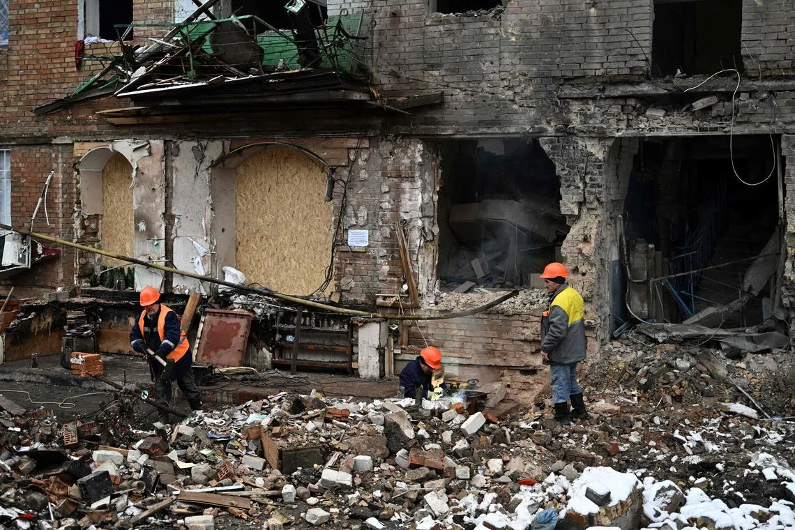 A residential building is damaged following a  missile attack on Nov 28, 2022.