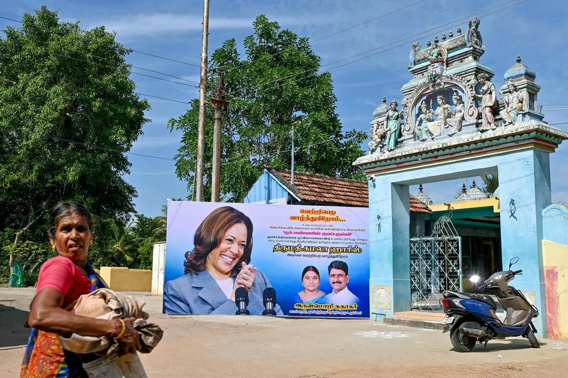 A poster of Ms Harris in her ancestral village of Thulasendrapuram in India after she was endorsed for the US presidential election.