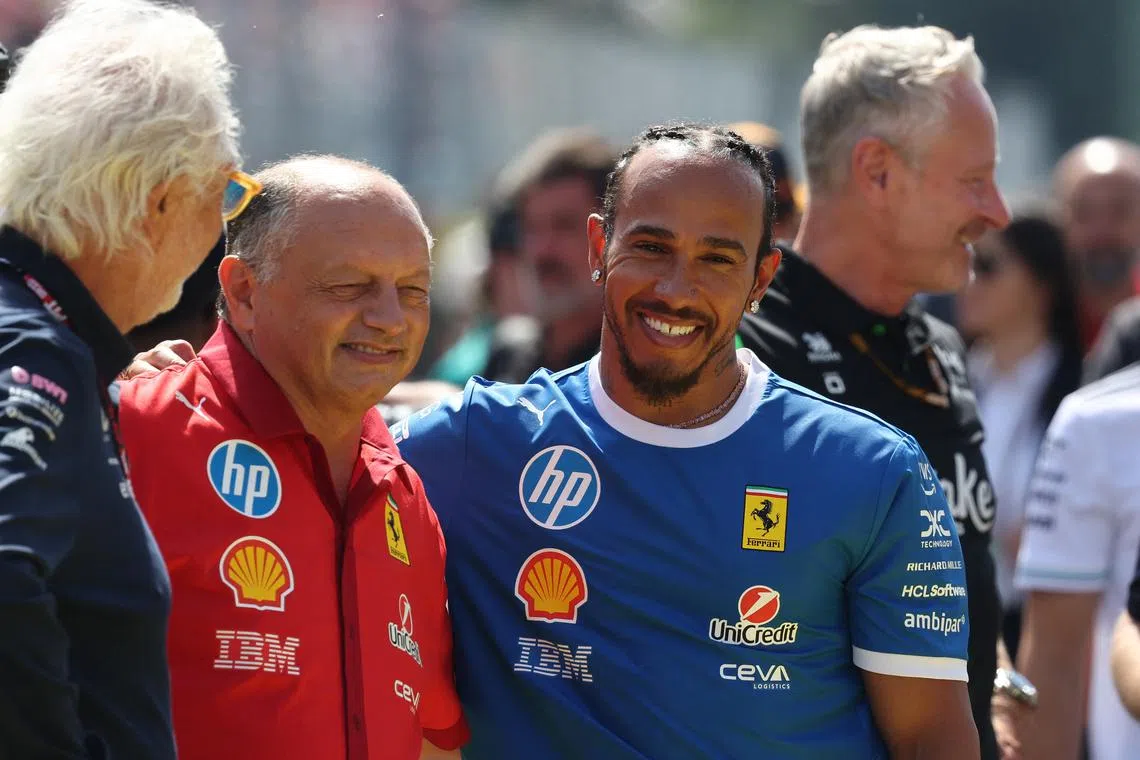 Formula One F1 - Italian Grand Prix - Autodromo Nazionale Monza, Monza, Italy - September 7, 2025 Ferrari's Lewis Hamilton and Ferrari team principal Frederic Vasseur before the match REUTERS/Jakub Porzycki