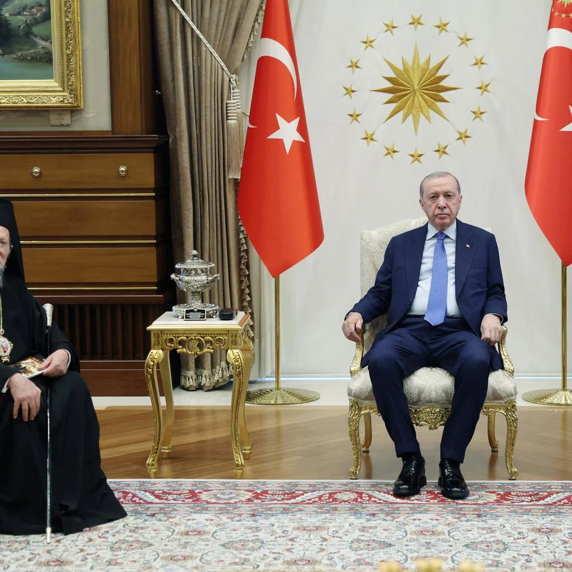 Turkish President Tayyip Erdogan meets with Ecumenical Patriarch Bartholomew I at the Presidential Palace in Ankara, Turkey, June 16, 2026. Murat Kula/Presidential Press Office/Handout via REUTERS