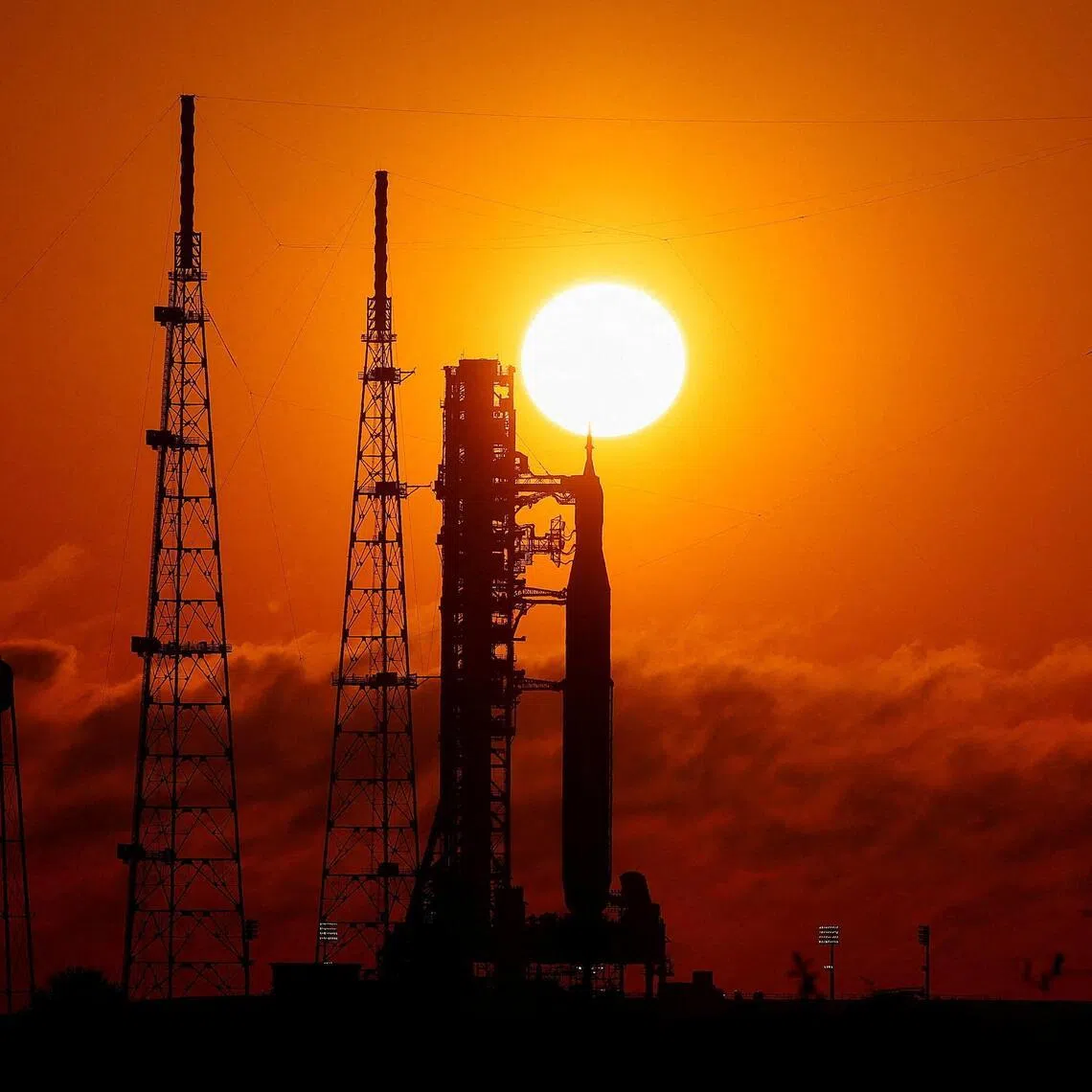 NASA’s next-generation moon rocket sits on a launch pad at the Kennedy Space Center in Cape Canaveral, Florida.