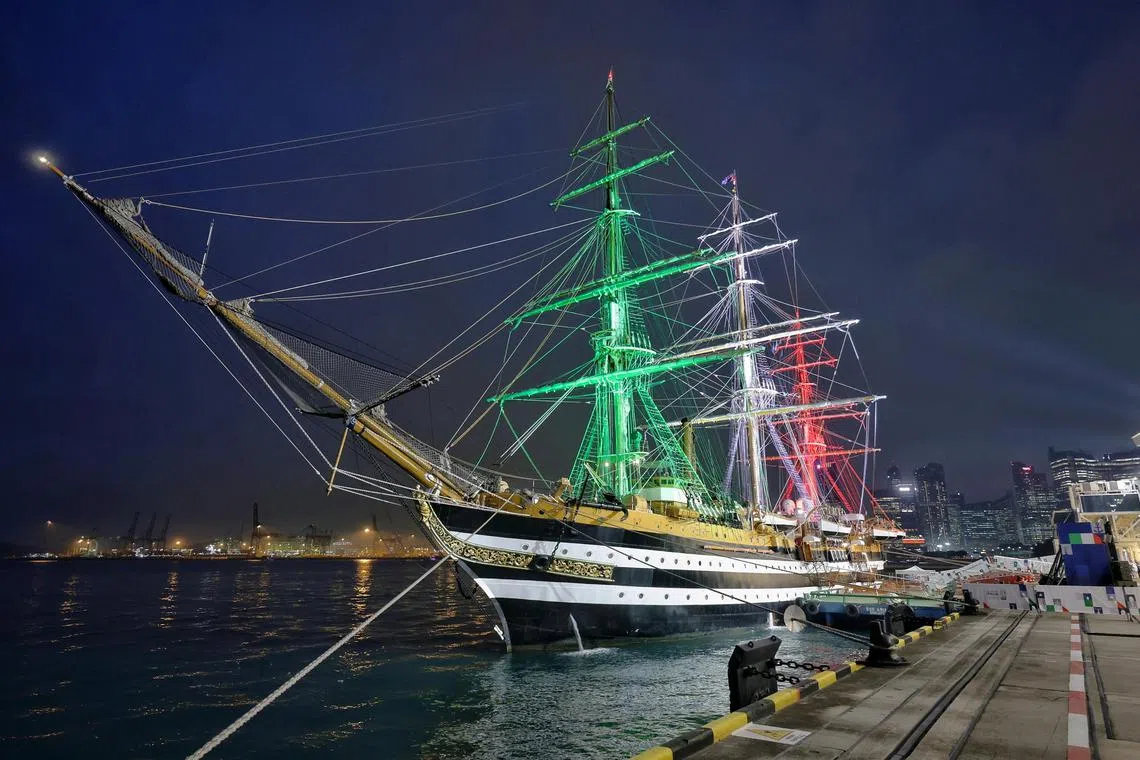 Colours of the Italian flag adorning the 93-year-old Italian navy ship Amerigo Vespucci at the Marina Cruise Centre on Oct 24, 2024. ST PHOTO: KEVIN LIM myitaly25