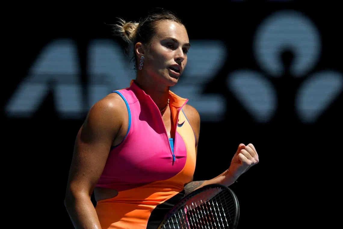 Tennis - Australian Open - Melbourne Park, Melbourne, Australia - January 21, 2026 Belarus' Aryna Sabalenka reacts during her second round match against China's Zhuoxuan Bai REUTERS/Hollie Adams