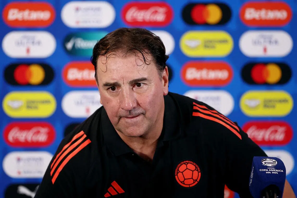 Soccer Football - Copa America 2024 - Final - Colombia Press Conference - Hard Rock Stadium, Miami Gardens, Florida, United States - July 13, 2024 Colombia coach Nestor Lorenzo during the press conference REUTERS/Agustin Marcarian